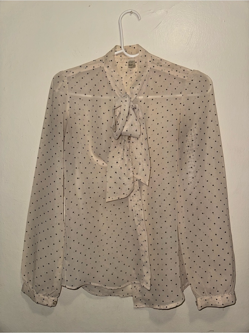 American Apparel Cream Sheer Polka Dot Tie-Neck Blouse
